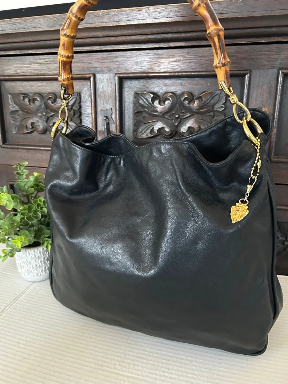 Vintage GUCCI Lambsksin Leather Bamboo Top Handle Two-way Black Shoulder Bag